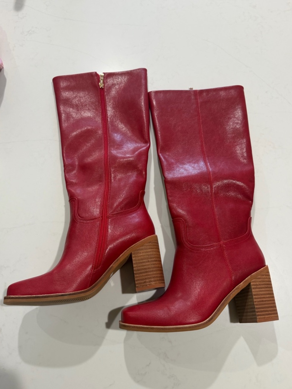 Red Mid-Calf Block Heel Women's Boots